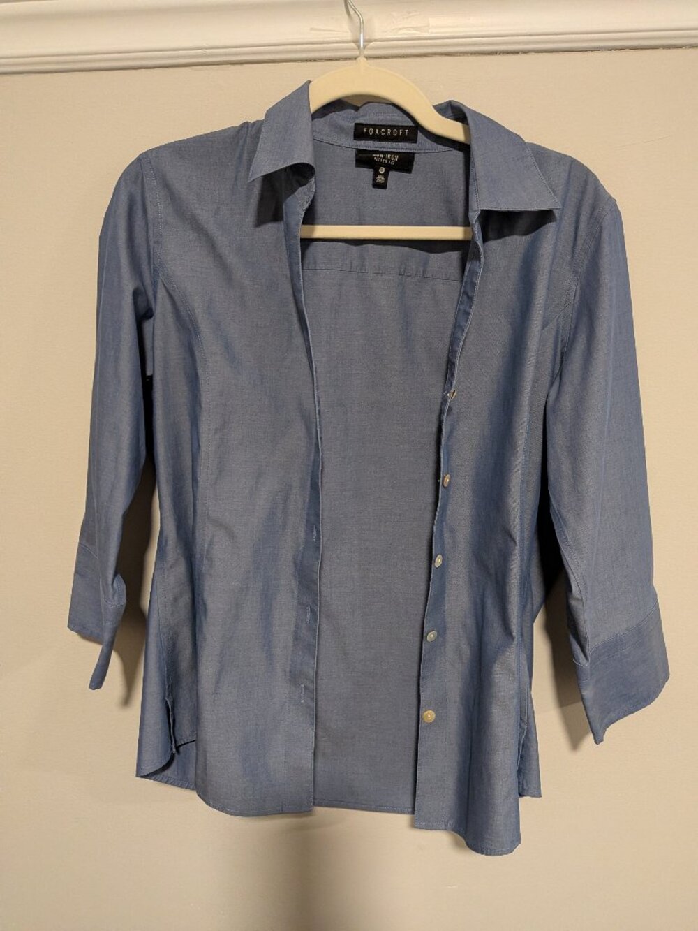 Foxcroft 100% Cotton Button Down Blue Office Business Blouse Shirt 10 Petite